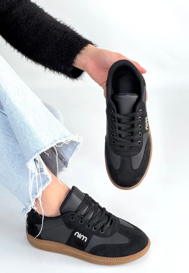 Lunga Siyah Cilt Bağcıklı Spor Ayakkabı