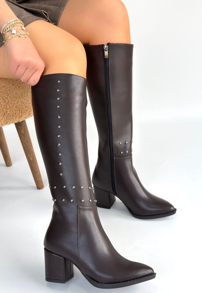 Tiyan Kahverengi Cilt Topuklu Çizme