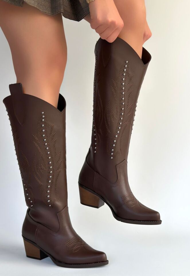 Meof Acı Kahve Cilt Topuklu Çizme